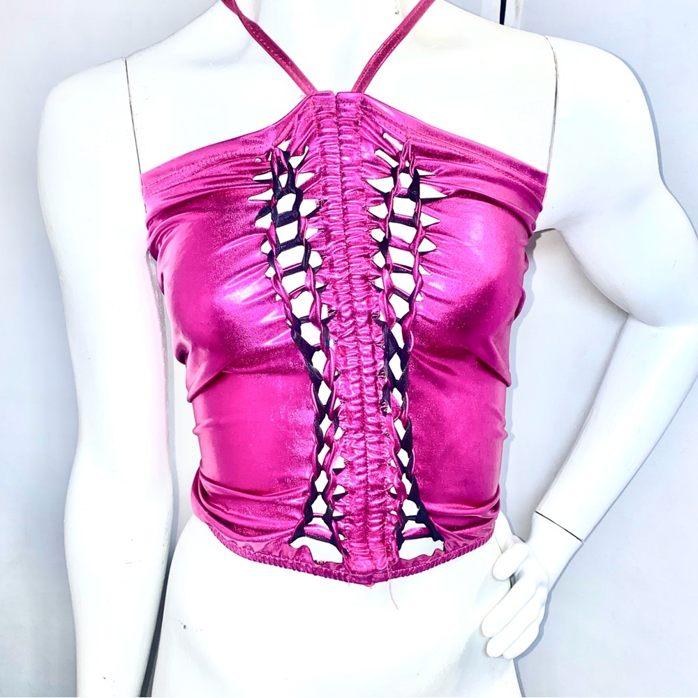 Metallic Pink Halter Cutout CropTop size Small RaveWear Electric ⚡️ Pink Fuchia